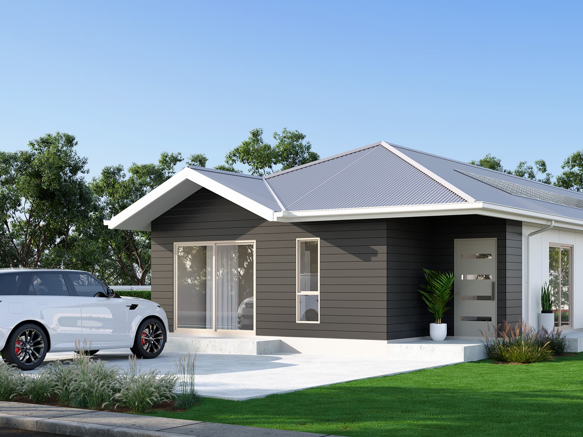 Morton façade — 3D render, Brisbane rooming house design (Moreton package)